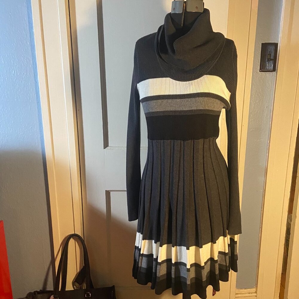 Calvin Klein Knit Dress with Cowl Neck and Pleated Skirt, Size Large